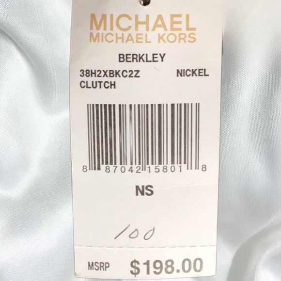 NWT MICHAEL KORS Berkeley Metallic Logo Set-In Handle Clutch, Nickel - Picture 8 of 8